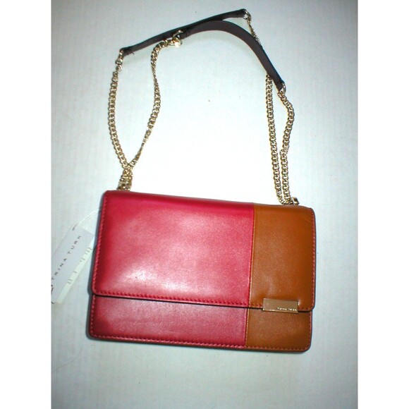 New NWT Trina Turk Designer Handbag Red Purple Tan Leather Flap Silver Womens - Picture 1 of 10